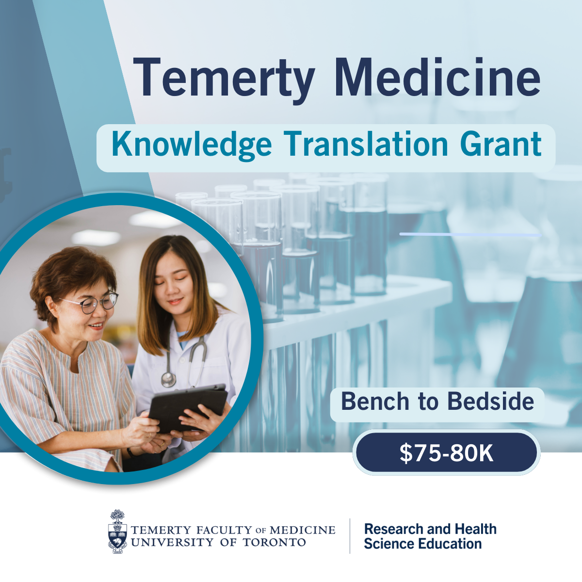 Temerty Medicine Knowledge Translation Grant Bench to Bedside $75-80K; a patient and a health care professional review something on a tablet; test tubes and beakers in the background