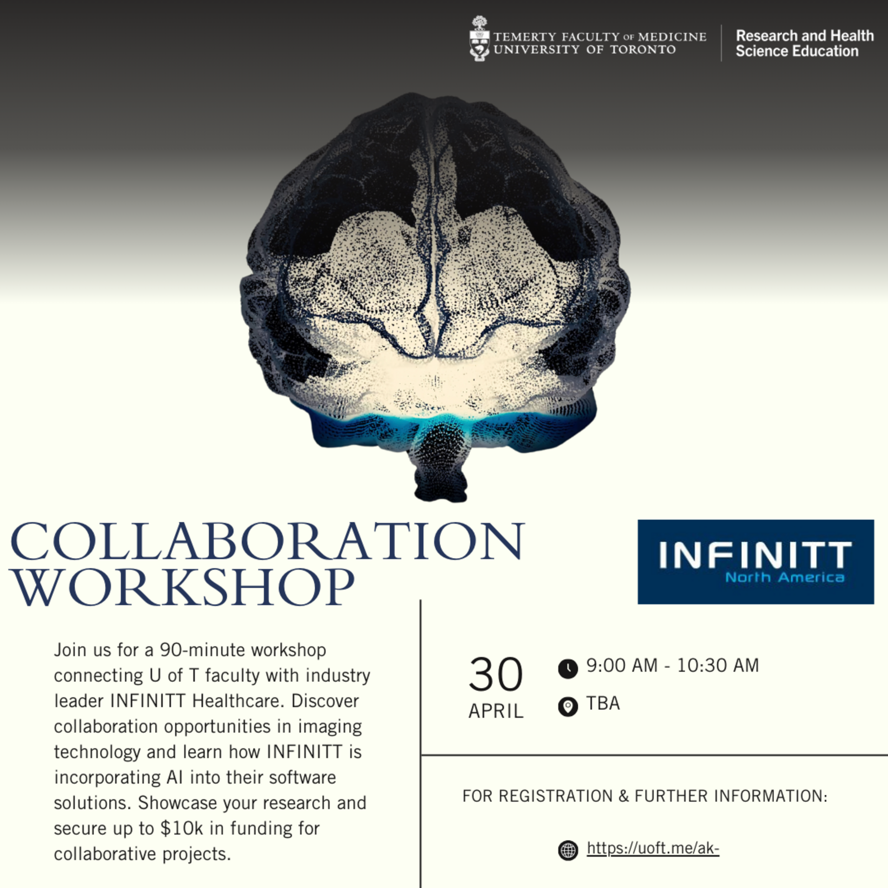 Join us for a 90-minute workshop connecting U of T faculty with industry leader INFINITT Healthcare. Discover collaboration opportunities in imaging technology and learn how INFINITT is incorporating AI into their software solutions. Showcase your research and secure up to $10k in funding for collaborative projects. 